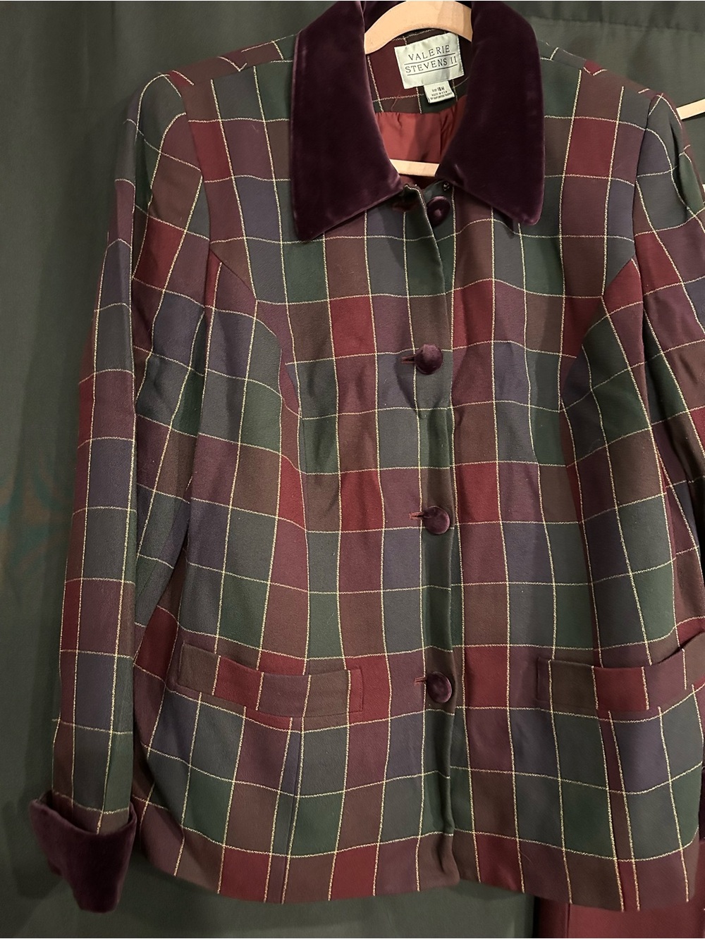 Valerie Stevens Burgundy Plaid Jacket with Matching Solid Burgundy Pants - Picture 2 of 6